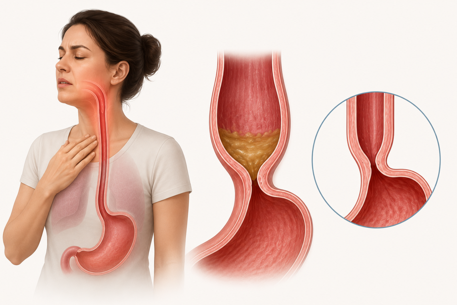 Diagram showing achalasia versus normal esophageal function with KIMS KAGE branding
